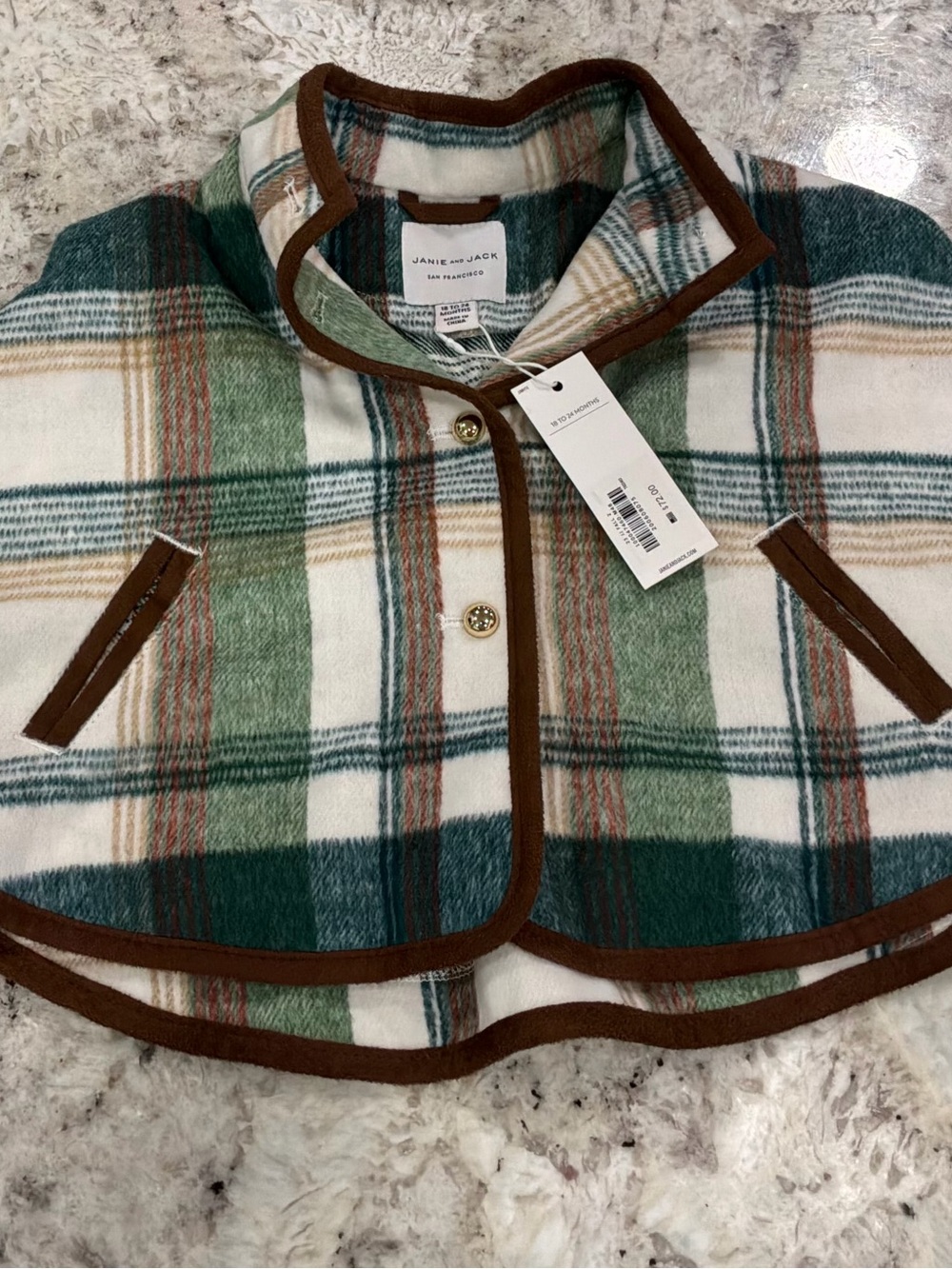 Janie and Jack Green and Cream Plaid Cape with Brown Trim